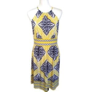 London Times high waisted knee length dress, halter top, sleeveless, yellow 10